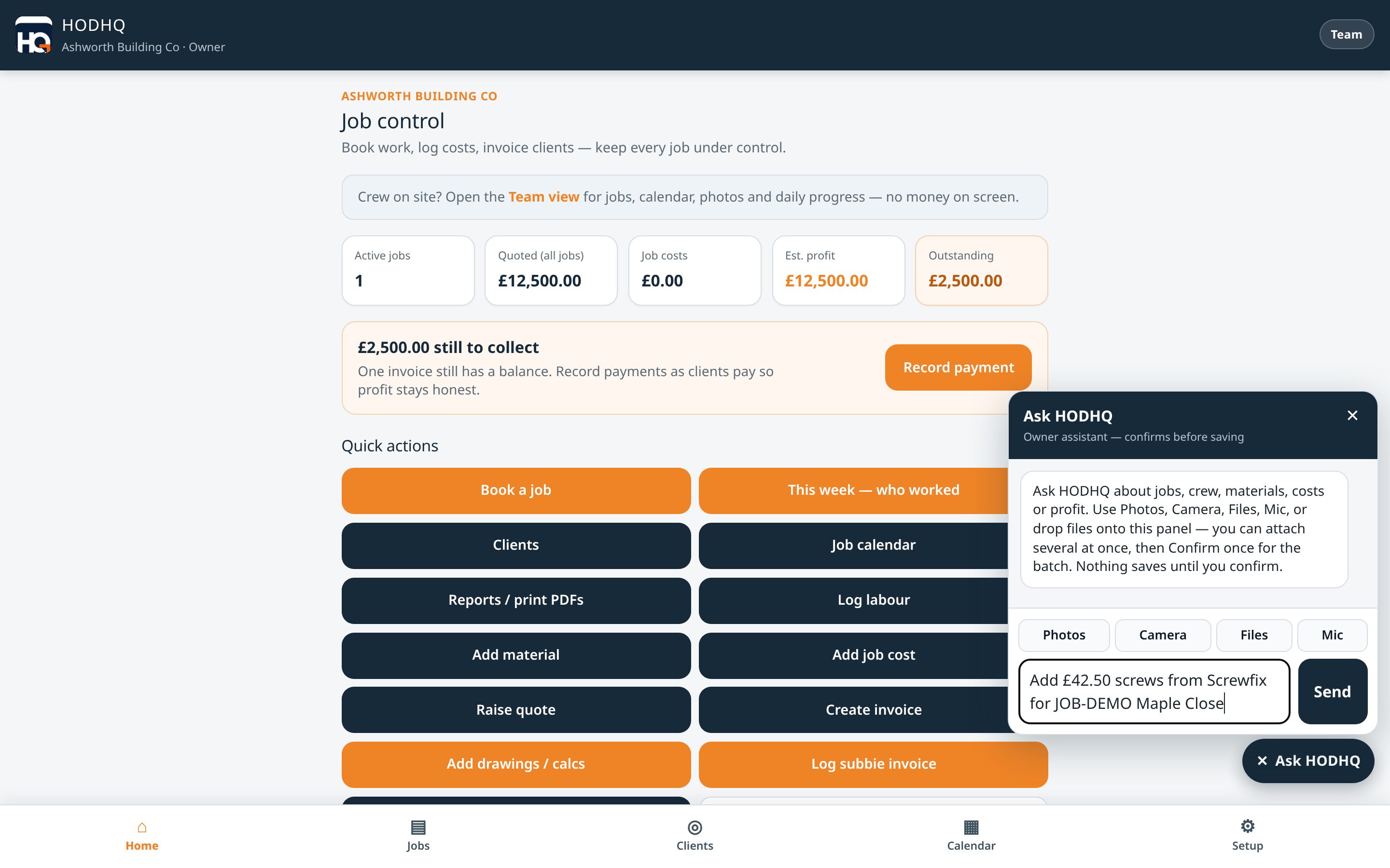 Demo product shot — Assistant open on desktop for Ashworth Building Co