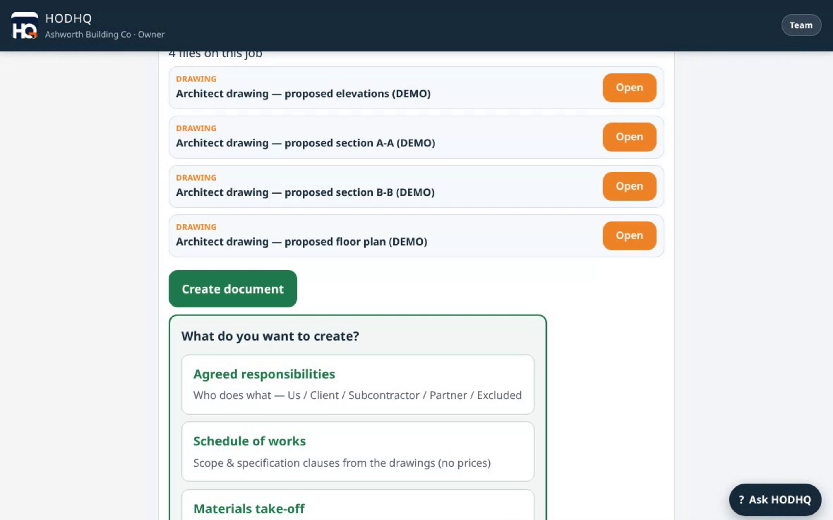 Demo product shot — Create document menu on desktop for Ashworth Building Co