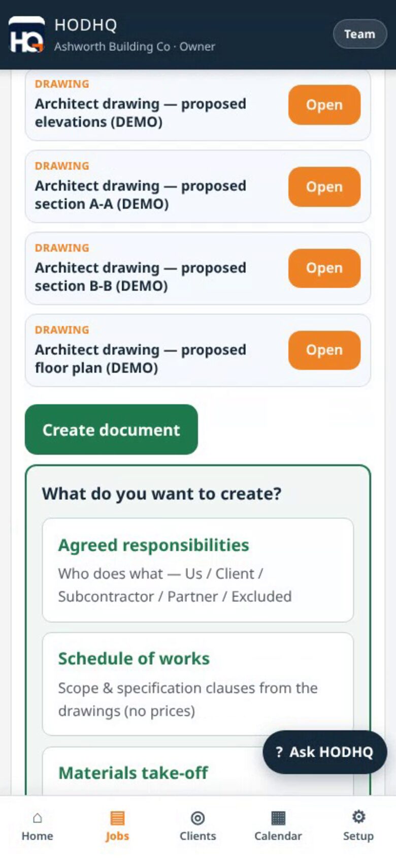 Demo product shot — Create document from architect drawings for Ashworth Building Co
