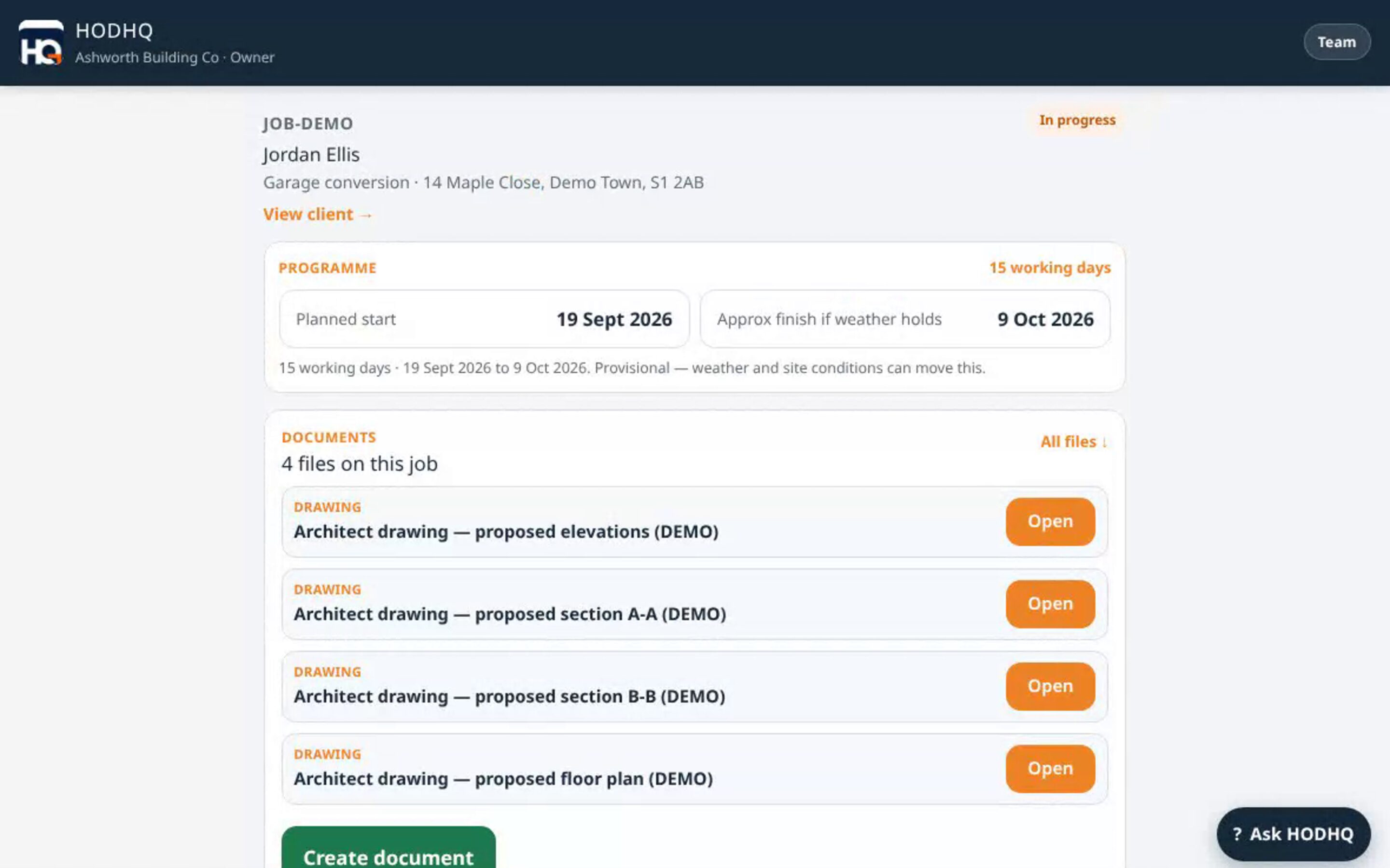 Demo product shot — job programme and Documents card with Create document on desktop