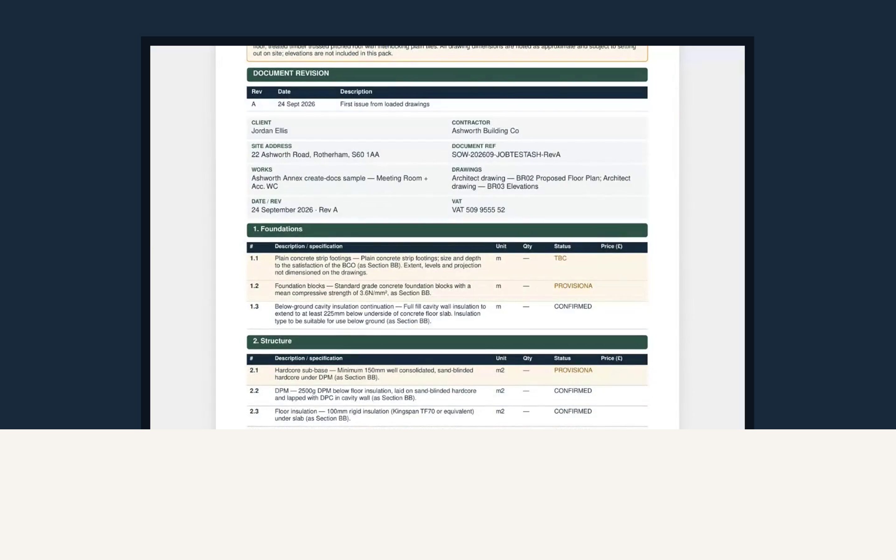 Demo product shot — Schedule of Works PDF branded for Ashworth Building Co