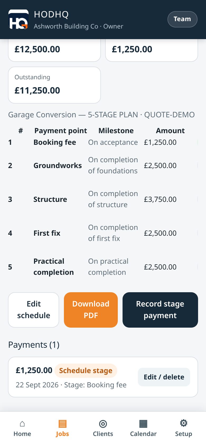 Demo product shot — HODHQ stage payment schedule with booking fee marked paid
